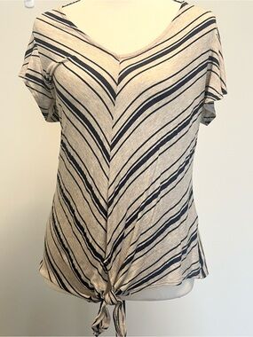 W5 Women Tan Black Striped V-Neck Flutter Sleeve Tie Front Knit Top Size Medium